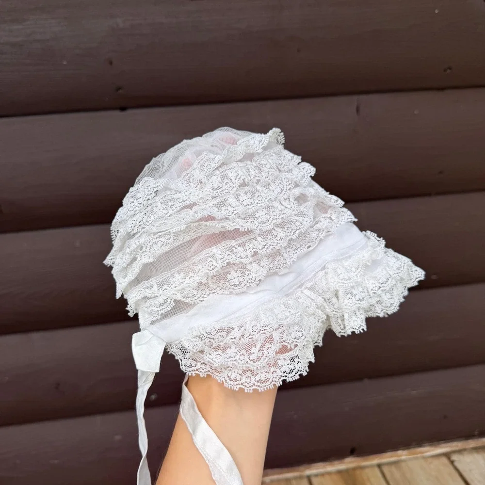 Vintage Lace Bonnet Baby White Tiered Ruffle Ribbon Tie Baptism Christening